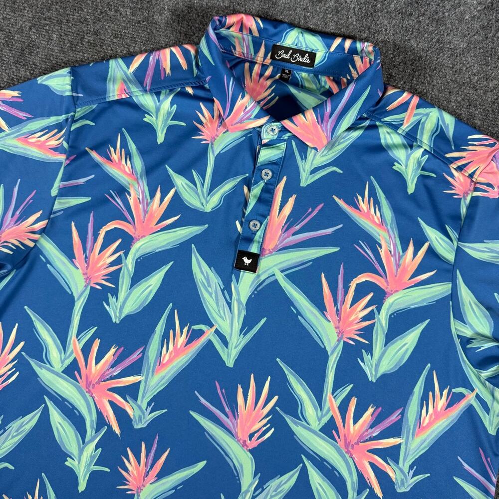 Bad Birdie Golf Polo Mens XL Blue Bird of Paradise Floral Tropical Stretch Shirt